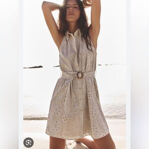 Sleeveless Eyelet Shirt Dress with Belt - Cream